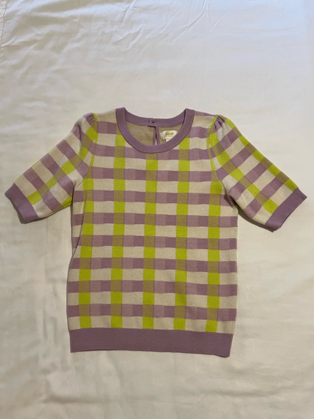 Maeve by Anthropologie Lavender and Lime Check Knit Short-Sleeve Top - Small